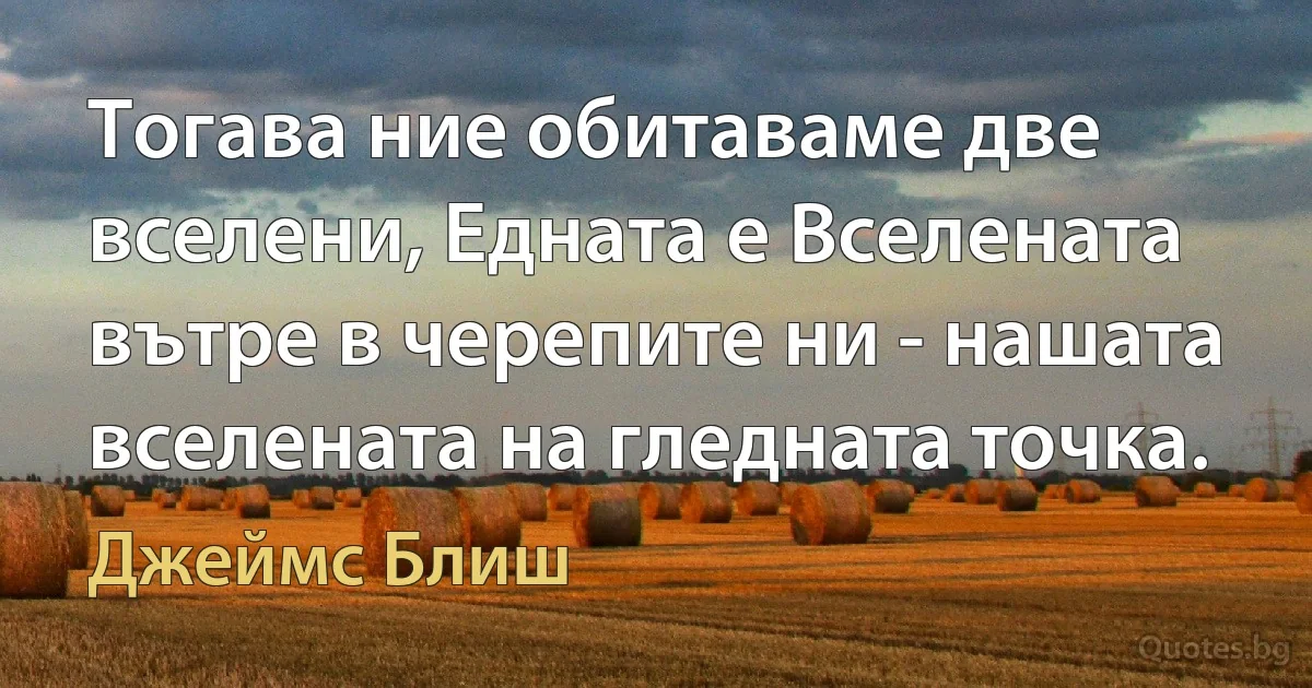 Тогава ние обитаваме две вселени, Едната е Вселената вътре в черепите ни - нашата вселената на гледната точка. (Джеймс Блиш)