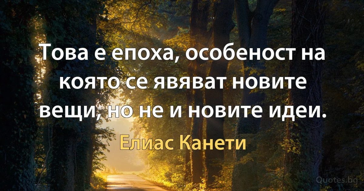 Това е епоха, особеност на която се явяват новите вещи, но не и новите идеи. (Елиас Канети)