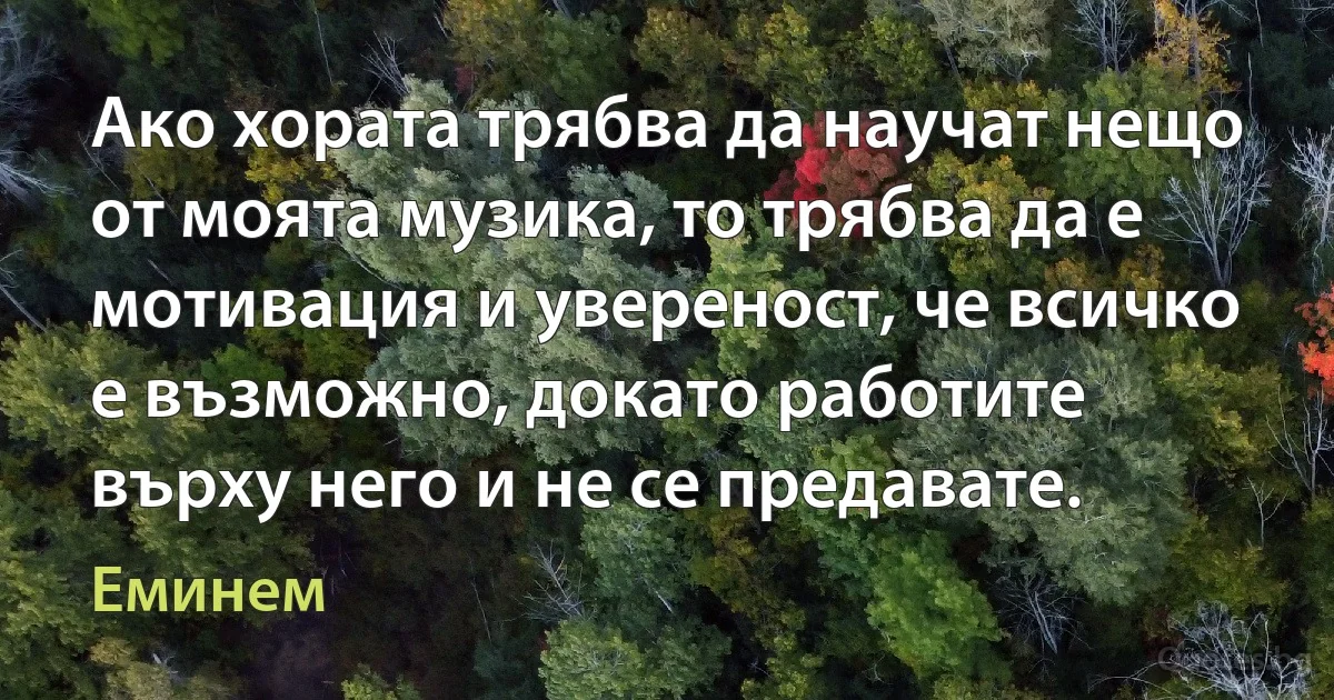 Ако хората трябва да научат нещо от моята музика, то трябва да е мотивация и увереност, че всичко е възможно, докато работите върху него и не се предавате. (Еминем)