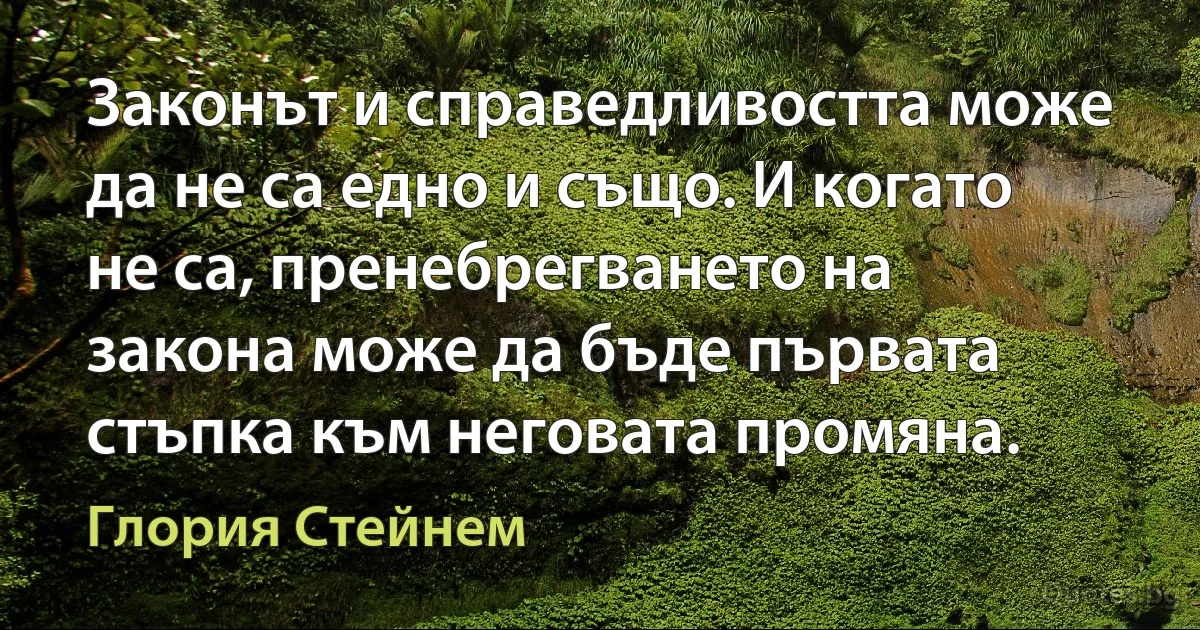 Законът и справедливостта може да не са едно и също. И когато не са, пренебрегването на закона може да бъде първата стъпка към неговата промяна. (Глория Стейнем)