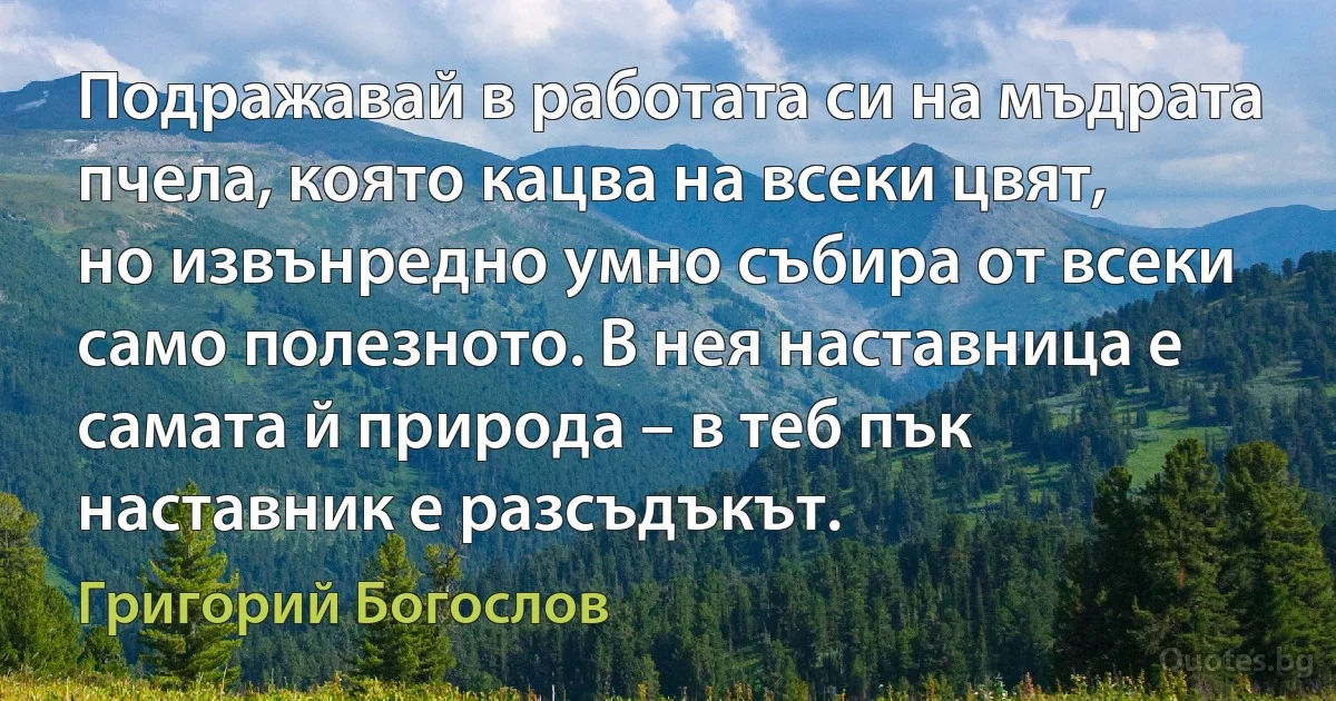 Подражавай в работата си на мъдрата пчела, която кацва на всеки цвят, но извънредно умно събира от всеки само полезното. В нея наставница е самата й природа – в теб пък наставник е разсъдъкът. (Григорий Богослов)