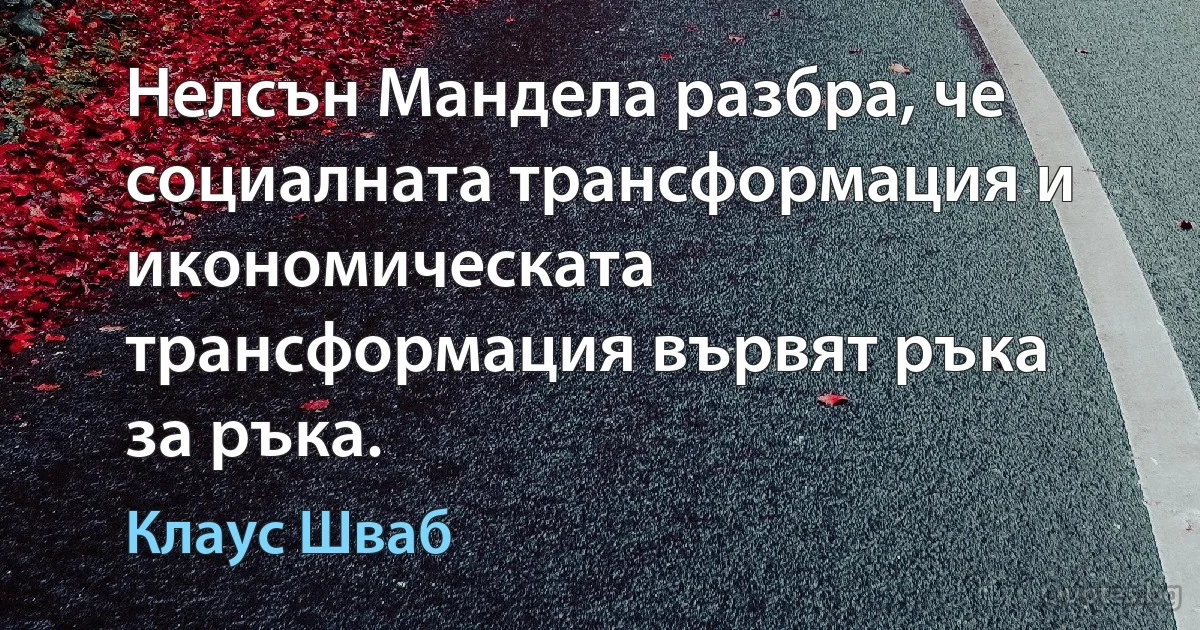 Нелсън Мандела разбра, че социалната трансформация и икономическата трансформация вървят ръка за ръка. (Клаус Шваб)