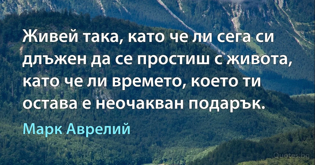 Живей така, като че ли сега си длъжен да се простиш с живота, като че ли времето, което ти остава е неочакван подарък. (Марк Аврелий)