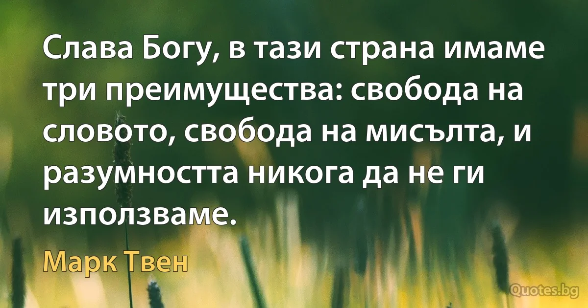 Слава Богу, в тази страна имаме три преимущества: свобода на словото, свобода на мисълта, и разумността никога да не ги използваме. (Марк Твен)