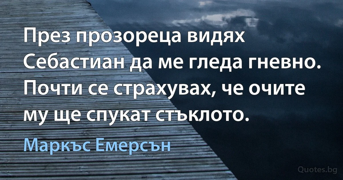 През прозореца видях Себастиан да ме гледа гневно. Почти се страхувах, че очите му ще спукат стъклото. (Маркъс Емерсън)