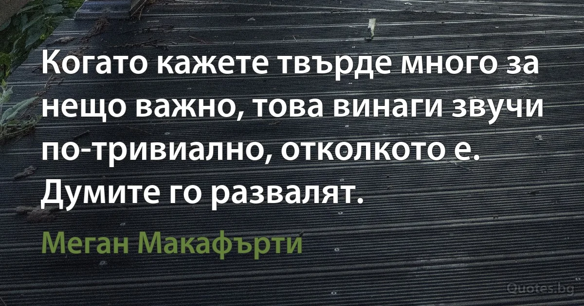 Когато кажете твърде много за нещо важно, това винаги звучи по-тривиално, отколкото е. Думите го развалят. (Меган Макафърти)