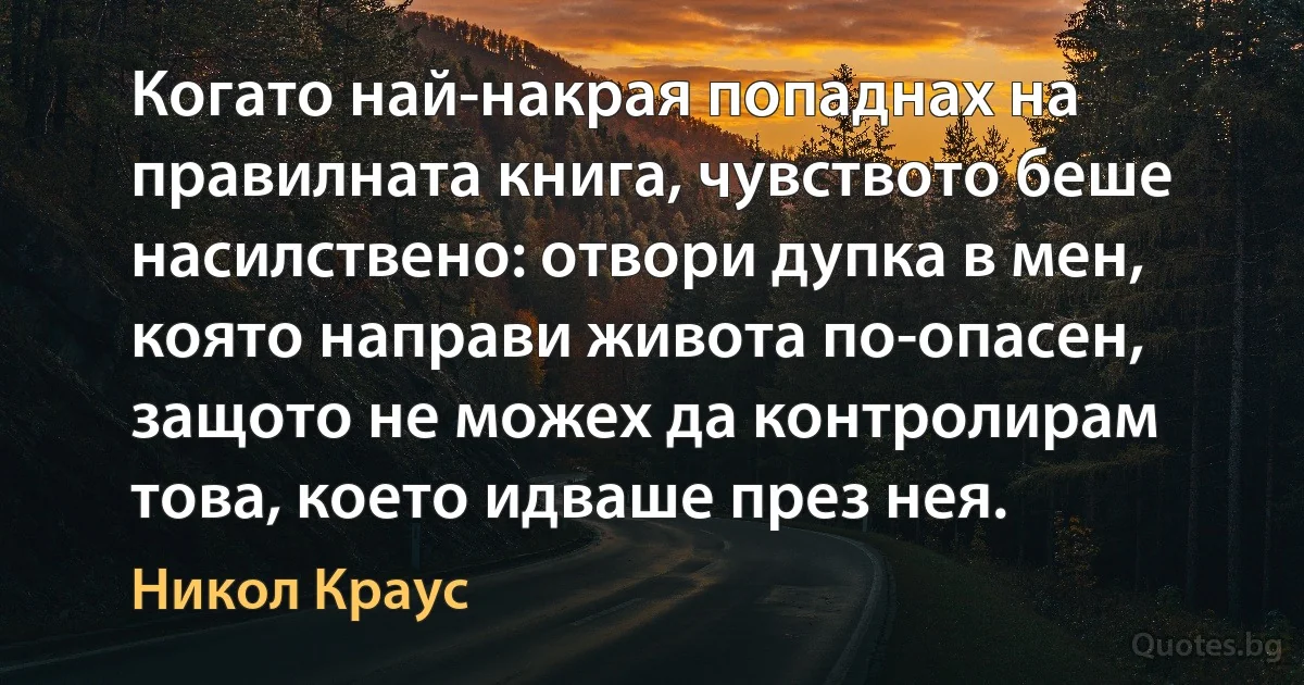 Когато най-накрая попаднах на правилната книга, чувството беше насилствено: отвори дупка в мен, която направи живота по-опасен, защото не можех да контролирам това, което идваше през нея. (Никол Краус)