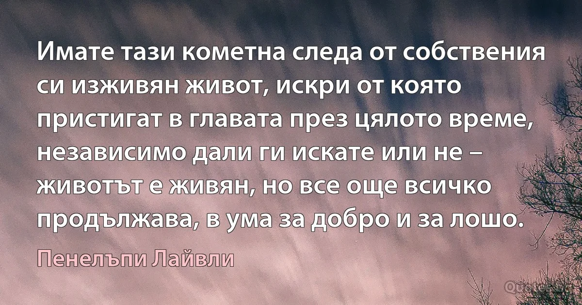 Имате тази кометна следа от собствения си изживян живот, искри от която пристигат в главата през цялото време, независимо дали ги искате или не – животът е живян, но все още всичко продължава, в ума за добро и за лошо. (Пенелъпи Лайвли)