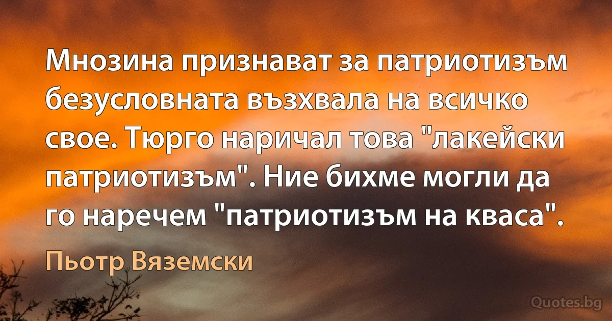 Мнозина признават за патриотизъм безусловната възхвала на всичко свое. Тюрго наричал това "лакейски патриотизъм". Ние бихме могли да го наречем "патриотизъм на кваса". (Пьотр Вяземски)