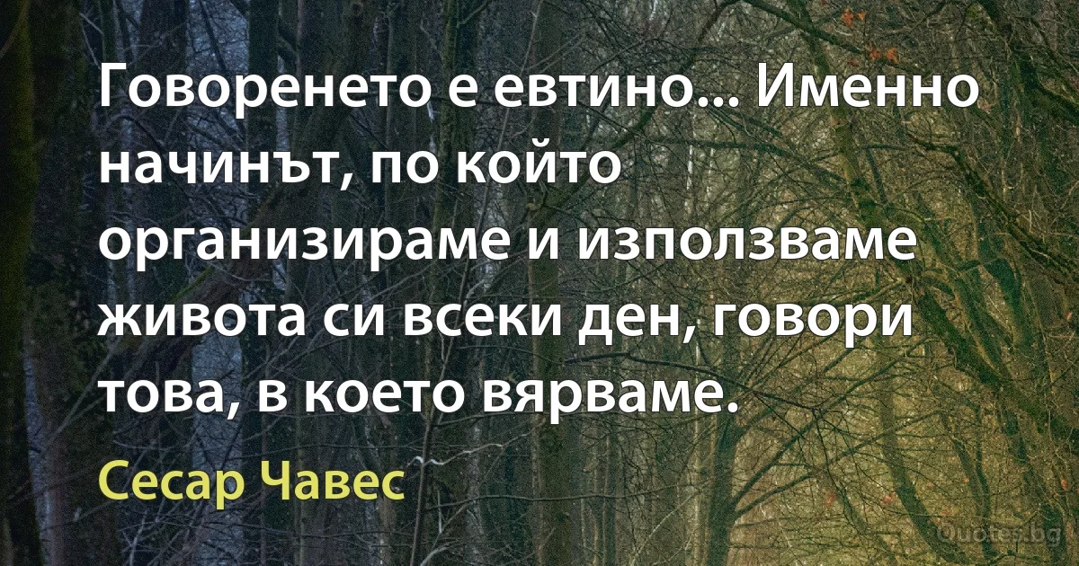 Говоренето е евтино... Именно начинът, по който организираме и използваме живота си всеки ден, говори това, в което вярваме. (Сесар Чавес)