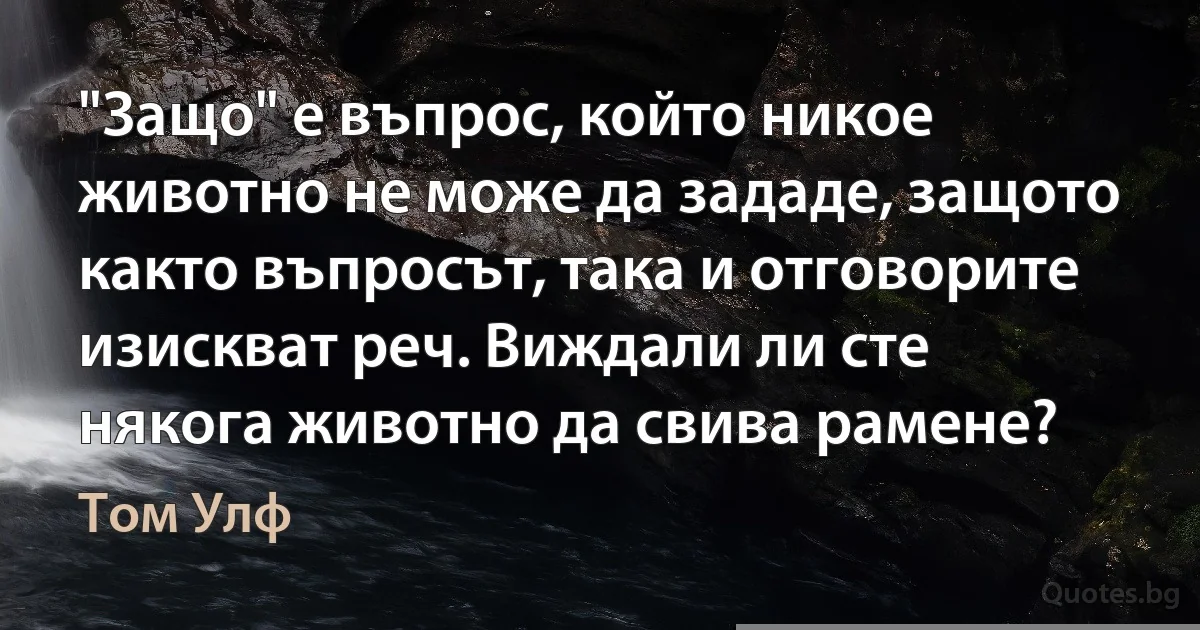 "Защо" е въпрос, който никое животно не може да зададе, защото както въпросът, така и отговорите изискват реч. Виждали ли сте някога животно да свива рамене? (Том Улф)