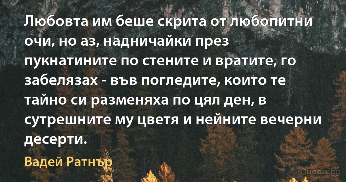 Любовта им беше скрита от любопитни очи, но аз, надничайки през пукнатините по стените и вратите, го забелязах - във погледите, които те тайно си разменяха по цял ден, в сутрешните му цветя и нейните вечерни десерти. (Вадей Ратнър)