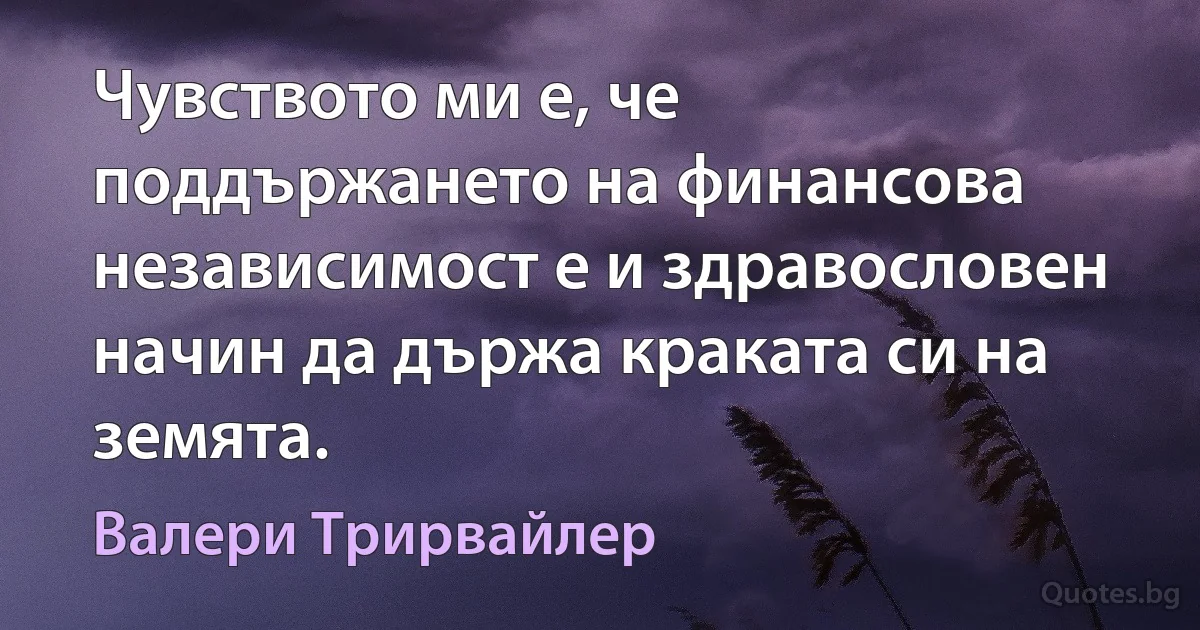 Чувството ми е, че поддържането на финансова независимост е и здравословен начин да държа краката си на земята. (Валери Трирвайлер)