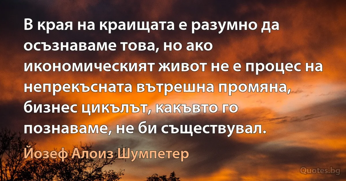 В края на краищата е разумно да осъзнаваме това, но ако икономическият живот не е процес на непрекъсната вътрешна промяна, бизнес цикълът, какъвто го познаваме, не би съществувал. (Йозеф Алоиз Шумпетер)