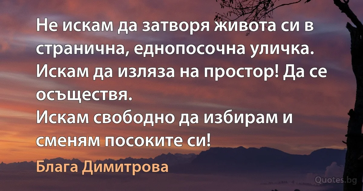 Не искам да затворя живота си в странична, еднопосочна уличка.
Искам да изляза на простор! Да се осъществя.
Искам свободно да избирам и сменям посоките си! (Блага Димитрова)