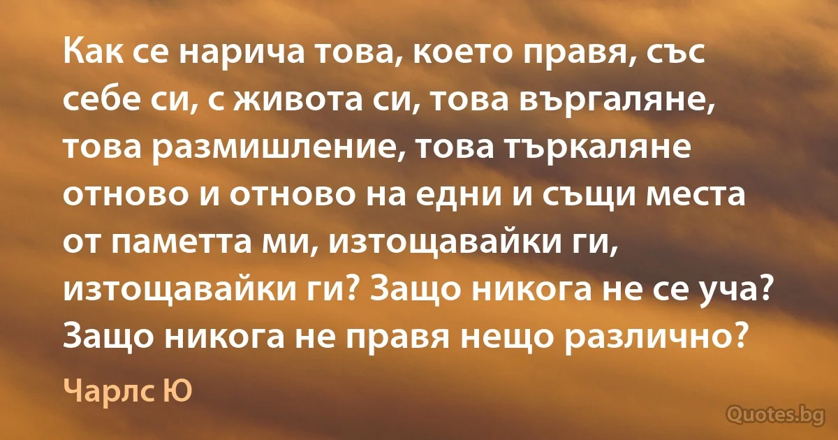 Как се нарича това, което правя, със себе си, с живота си, това въргаляне, това размишление, това търкаляне отново и отново на едни и същи места от паметта ми, изтощавайки ги, изтощавайки ги? Защо никога не се уча? Защо никога не правя нещо различно? (Чарлс Ю)