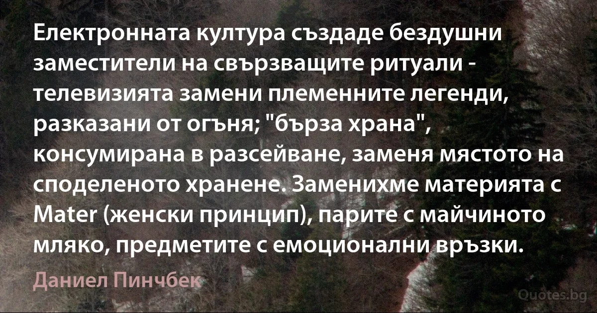 Електронната култура създаде бездушни заместители на свързващите ритуали - телевизията замени племенните легенди, разказани от огъня; "бърза храна", консумирана в разсейване, заменя мястото на споделеното хранене. Заменихме материята с Mater (женски принцип), парите с майчиното мляко, предметите с емоционални връзки. (Даниел Пинчбек)