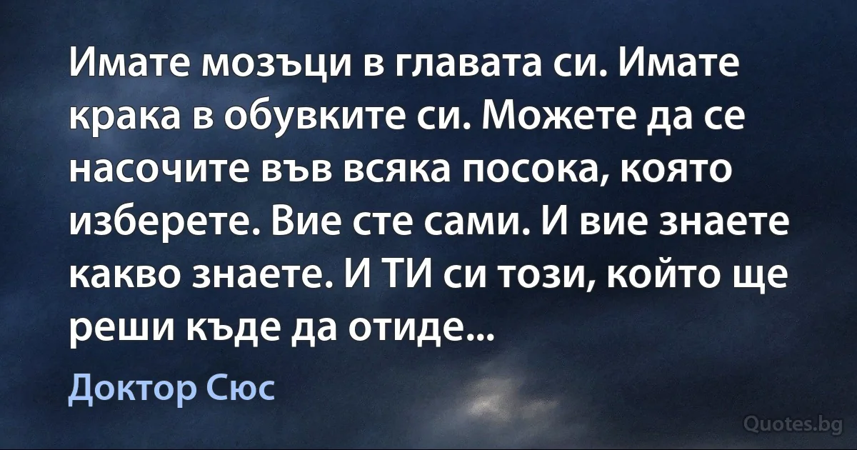 Имате мозъци в главата си. Имате крака в обувките си. Можете да се насочите във всяка посока, която изберете. Вие сте сами. И вие знаете какво знаете. И ТИ си този, който ще реши къде да отиде... (Доктор Сюс)