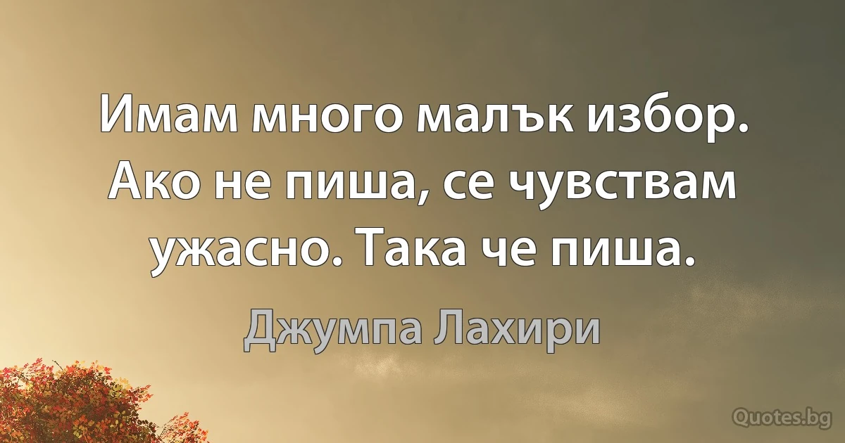 Имам много малък избор. Ако не пиша, се чувствам ужасно. Така че пиша. (Джумпа Лахири)