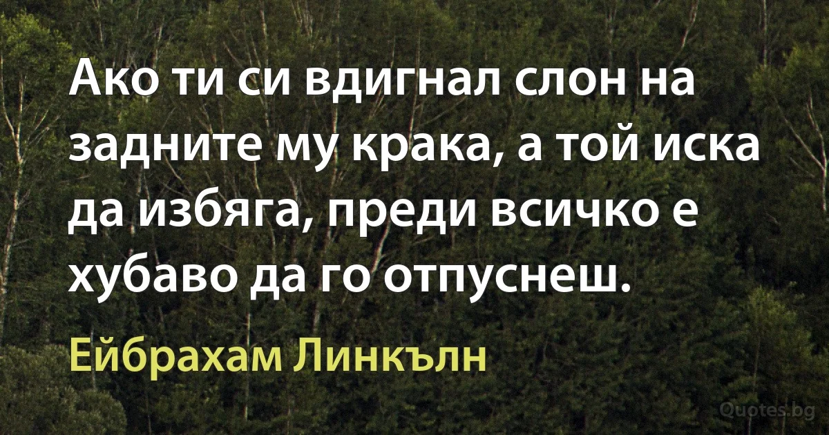 Ако ти си вдигнал слон на задните му крака, а той иска да избяга, преди всичко е хубаво да го отпуснеш. (Ейбрахам Линкълн)