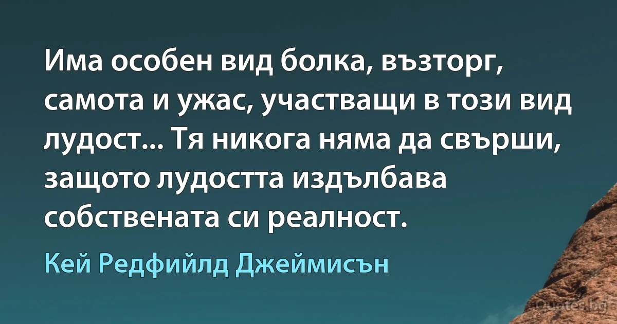 Има особен вид болка, възторг, самота и ужас, участващи в този вид лудост... Тя никога няма да свърши, защото лудостта издълбава собствената си реалност. (Кей Редфийлд Джеймисън)