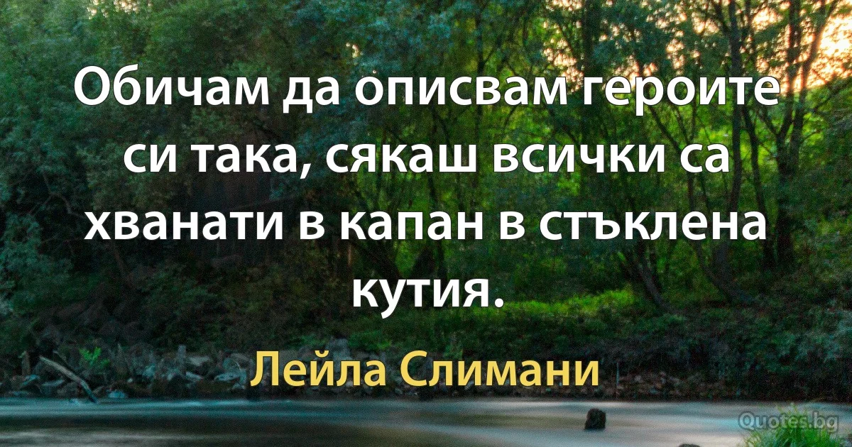 Обичам да описвам героите си така, сякаш всички са хванати в капан в стъклена кутия. (Лейла Слимани)