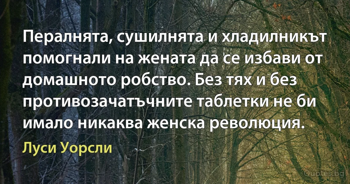 Пералнята, сушилнята и хладилникът помогнали на жената да се избави от домашното робство. Без тях и без противозачатъчните таблетки не би имало никаква женска революция. (Луси Уорсли)