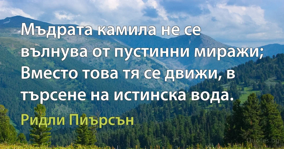 Мъдрата камила не се вълнува от пустинни миражи; Вместо това тя се движи, в търсене на истинска вода. (Ридли Пиърсън)