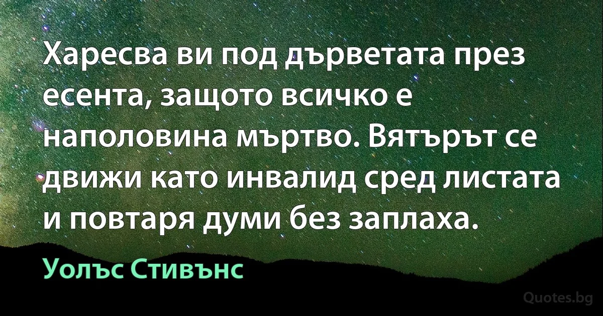 Харесва ви под дърветата през есента, защото всичко е наполовина мъртво. Вятърът се движи като инвалид сред листата и повтаря думи без заплаха. (Уолъс Стивънс)