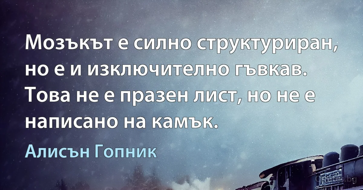 Мозъкът е силно структуриран, но е и изключително гъвкав. Това не е празен лист, но не е написано на камък. (Алисън Гопник)