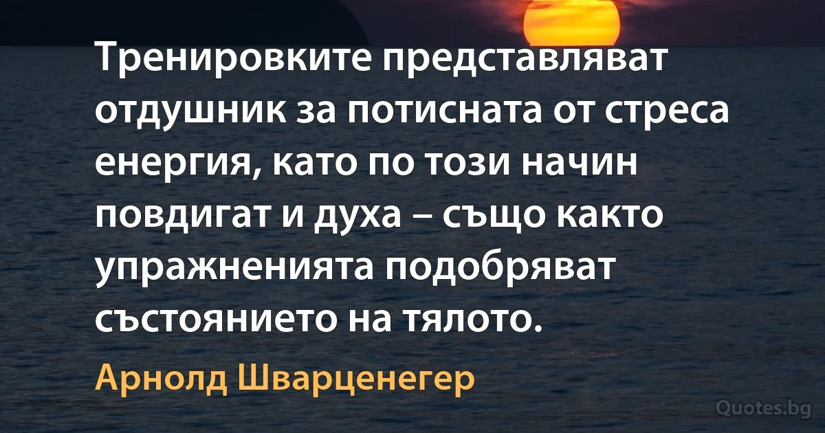 Тренировките представляват отдушник за потисната от стреса енергия, като по този начин повдигат и духа – също както упражненията подобряват състоянието на тялото. (Арнолд Шварценегер)