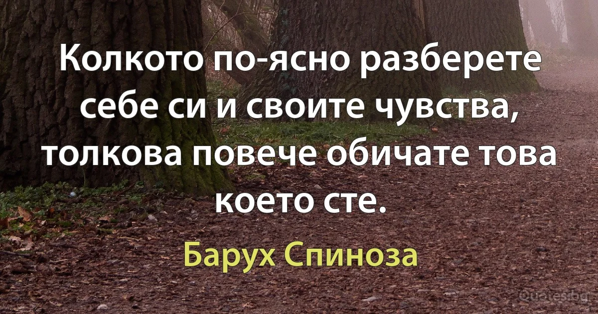 Колкото по-ясно разберете себе си и своите чувства, толкова повече обичате това което сте. (Барух Спиноза)