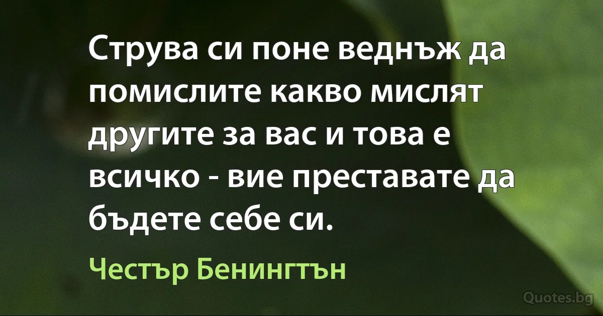 Струва си поне веднъж да помислите какво мислят другите за вас и това е всичко - вие преставате да бъдете себе си. (Честър Бенингтън)