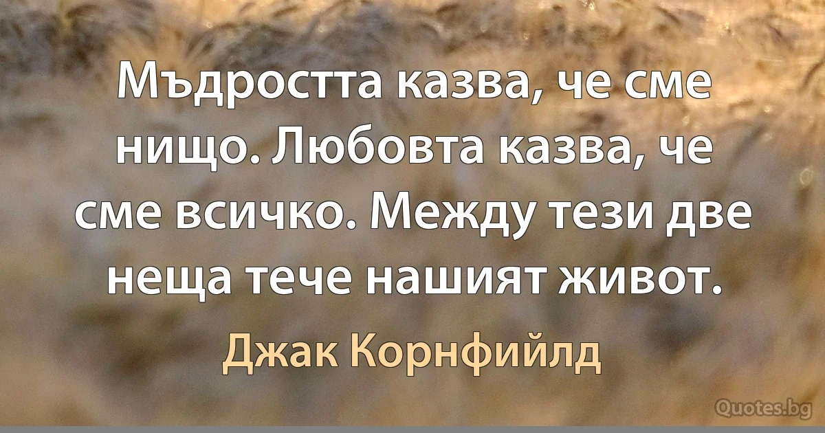 Мъдростта казва, че сме нищо. Любовта казва, че сме всичко. Между тези две неща тече нашият живот. (Джак Корнфийлд)