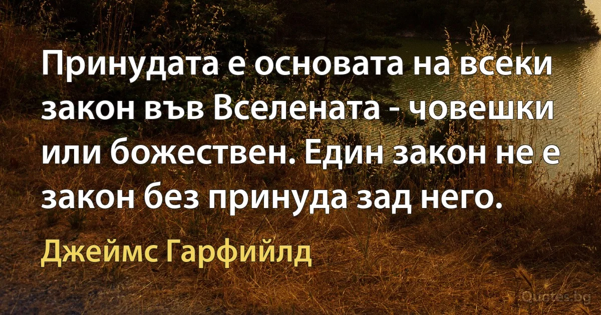 Принудата е основата на всеки закон във Вселената - човешки или божествен. Един закон не е закон без принуда зад него. (Джеймс Гарфийлд)