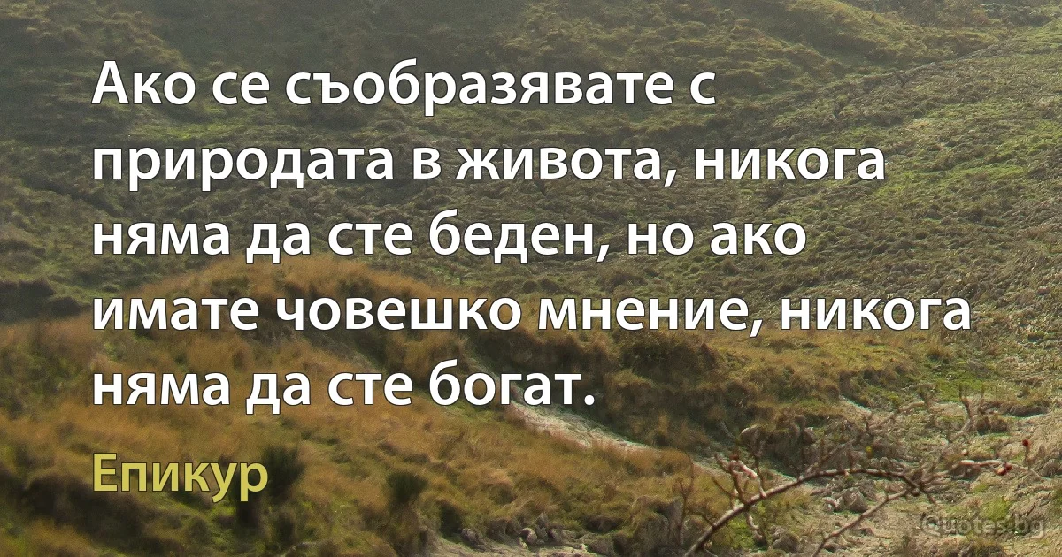 Ако се съобразявате с природата в живота, никога няма да сте беден, но ако имате човешко мнение, никога няма да сте богат. (Епикур)