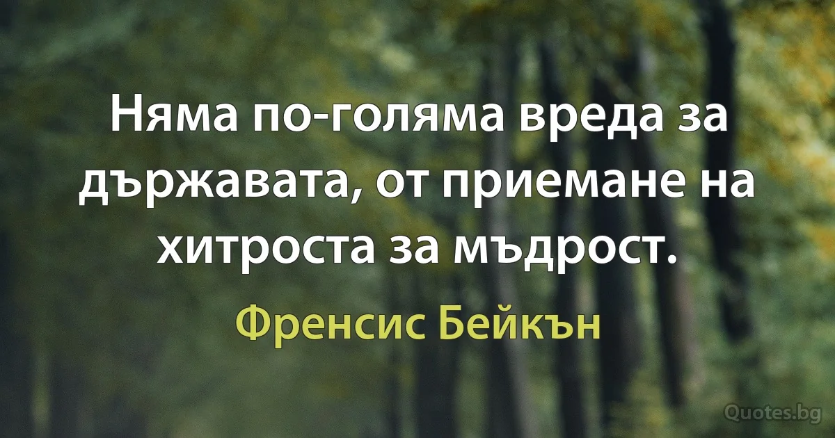 Няма по-голяма вреда за държавата, от приемане на хитроста за мъдрост. (Френсис Бейкън)