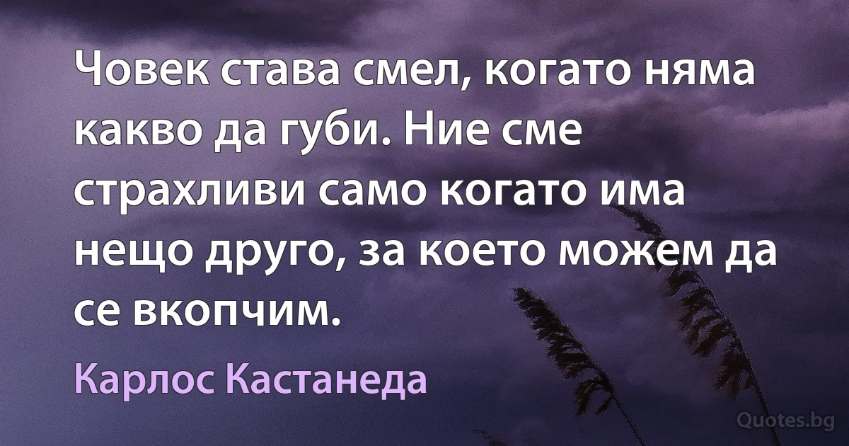 Човек става смел, когато няма какво да губи. Ние сме страхливи само когато има нещо друго, за което можем да се вкопчим. (Карлос Кастанеда)