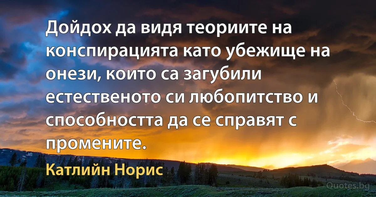 Дойдох да видя теориите на конспирацията като убежище на онези, които са загубили естественото си любопитство и способността да се справят с промените. (Катлийн Норис)