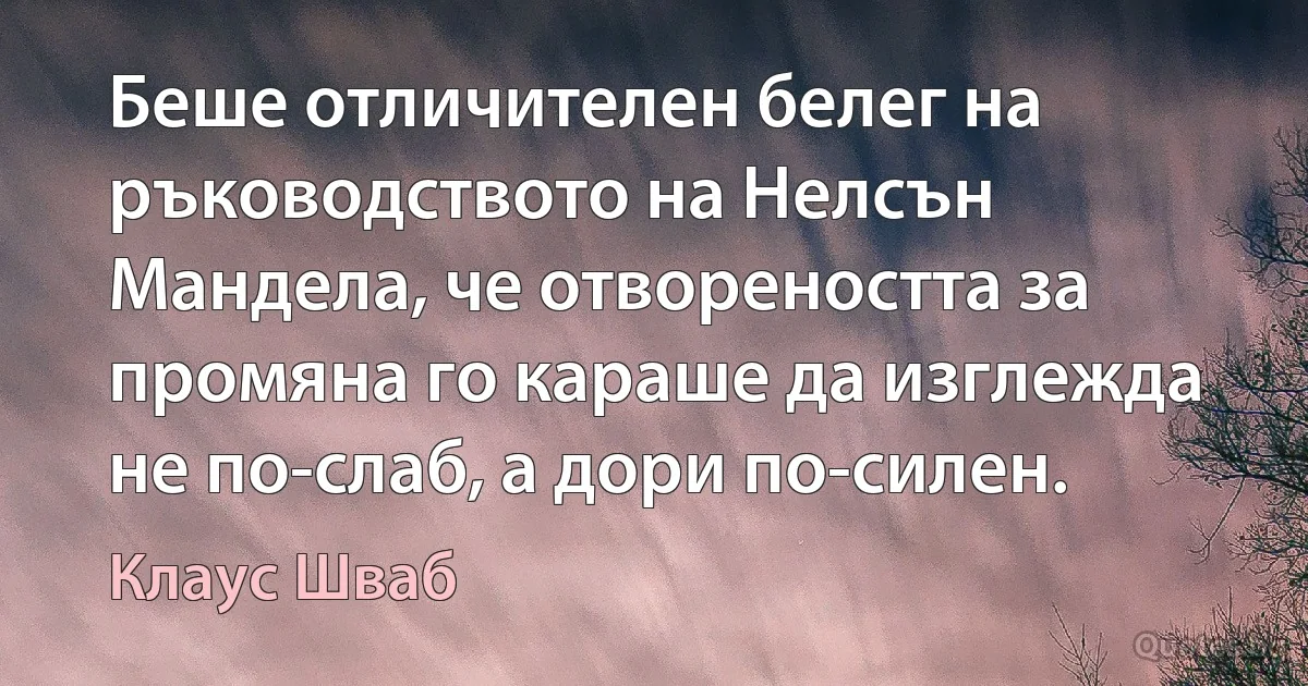 Беше отличителен белег на ръководството на Нелсън Мандела, че отвореността за промяна го караше да изглежда не по-слаб, а дори по-силен. (Клаус Шваб)