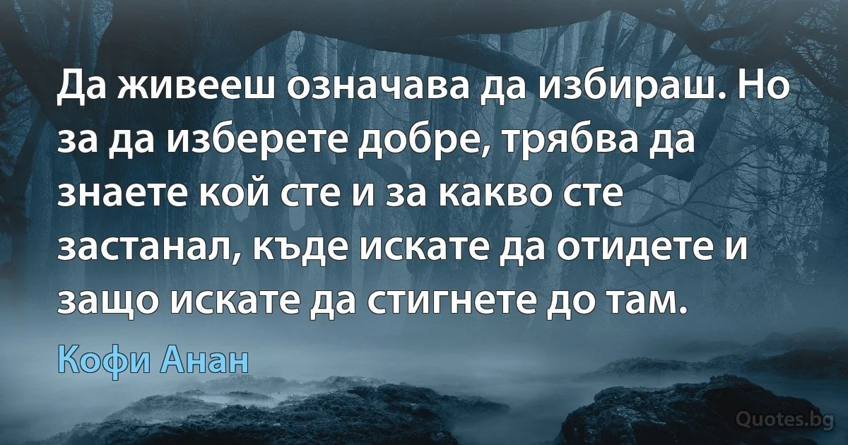 Да живееш означава да избираш. Но за да изберете добре, трябва да знаете кой сте и за какво сте застанал, къде искате да отидете и защо искате да стигнете до там. (Кофи Анан)