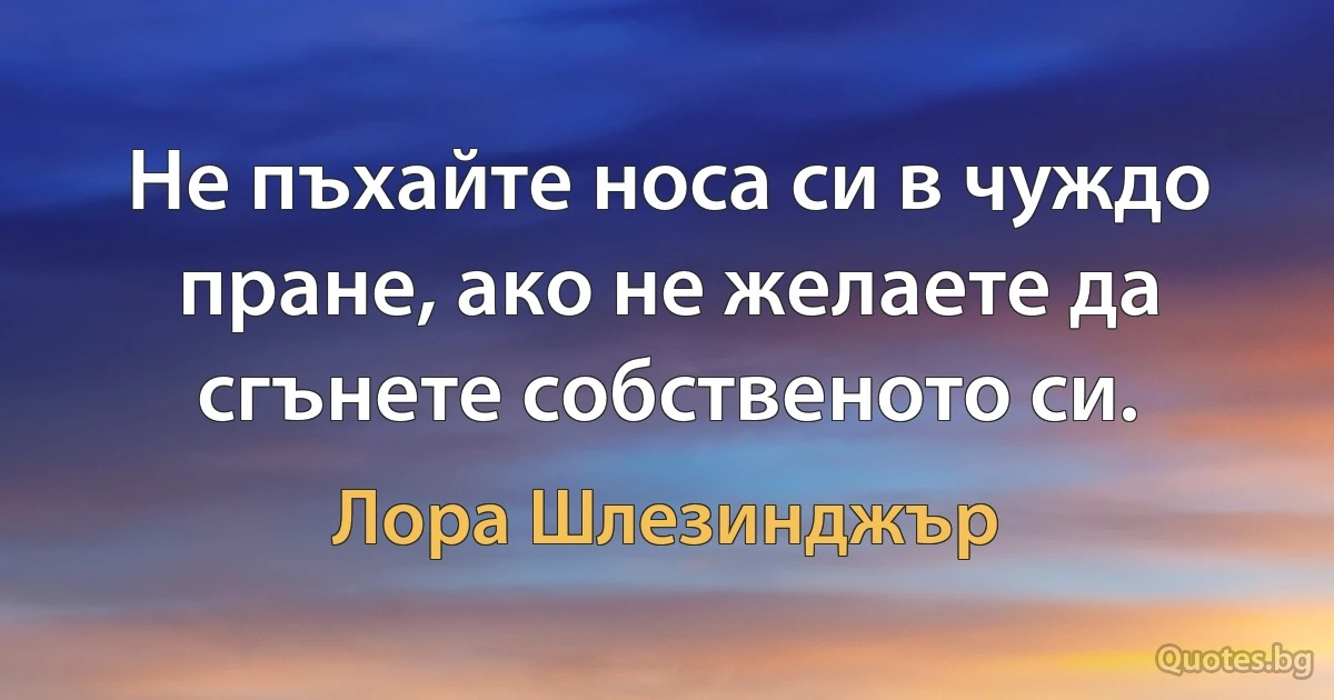 Не пъхайте носа си в чуждо пране, ако не желаете да сгънете собственото си. (Лора Шлезинджър)