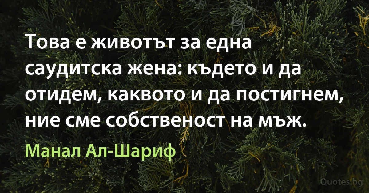 Това е животът за една саудитска жена: където и да отидем, каквото и да постигнем, ние сме собственост на мъж. (Манал Ал-Шариф)