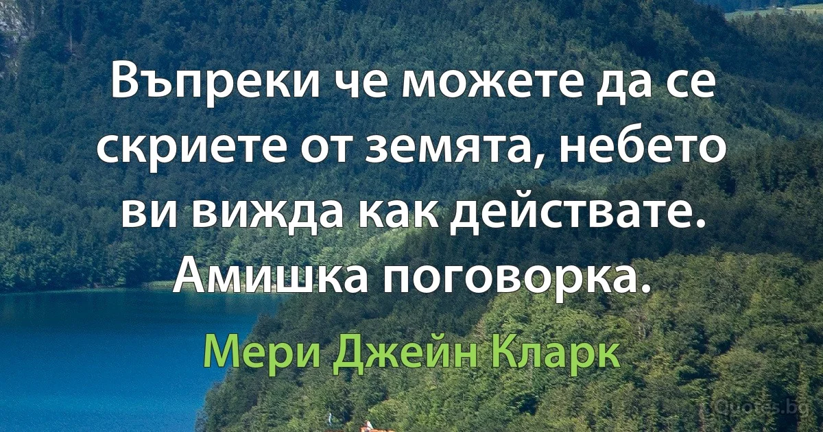 Въпреки че можете да се скриете от земята, небето ви вижда как действате. Амишка поговорка. (Мери Джейн Кларк)