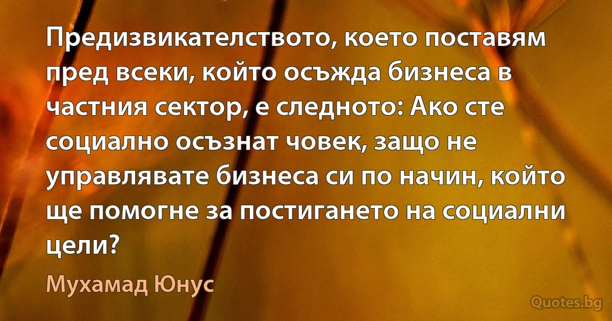 Предизвикателството, което поставям пред всеки, който осъжда бизнеса в частния сектор, е следното: Ако сте социално осъзнат човек, защо не управлявате бизнеса си по начин, който ще помогне за постигането на социални цели? (Мухамад Юнус)