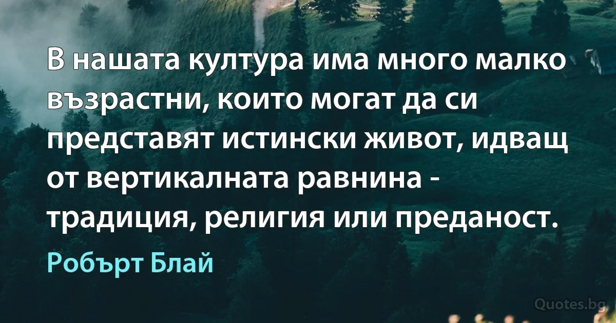 В нашата култура има много малко възрастни, които могат да си представят истински живот, идващ от вертикалната равнина - традиция, религия или преданост. (Робърт Блай)