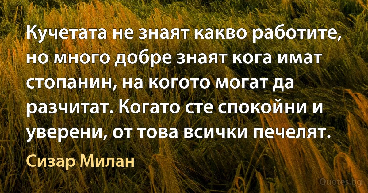 Кучетата не знаят какво работите, но много добре знаят кога имат стопанин, на когото могат да разчитат. Когато сте спокойни и уверени, от това всички печелят. (Сизар Милан)