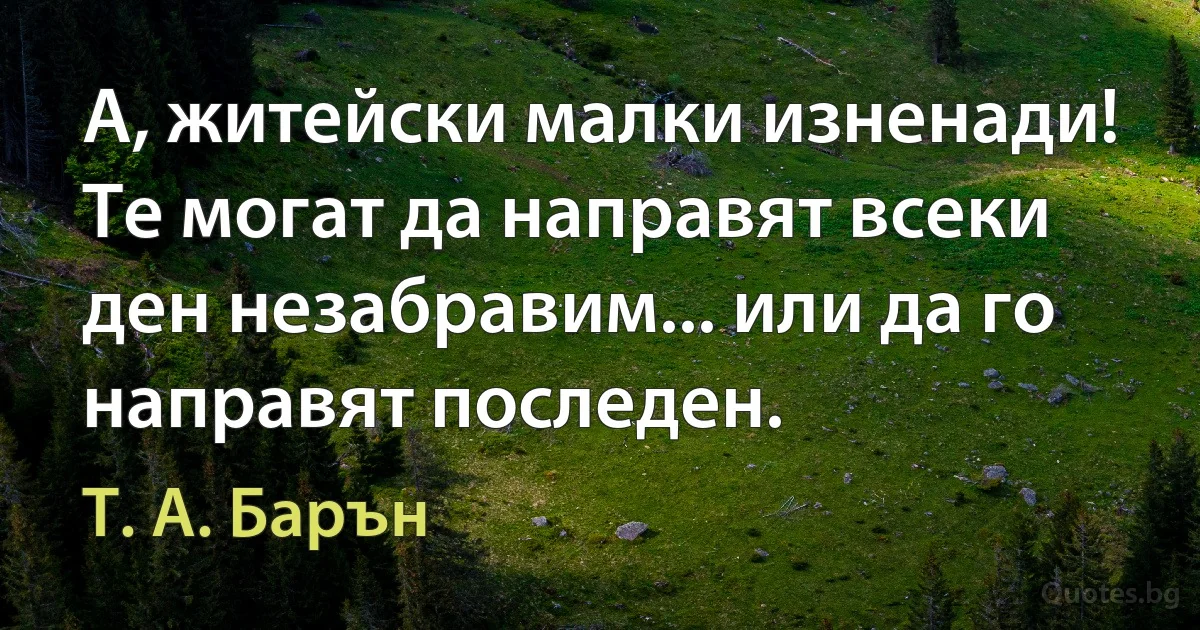 А, житейски малки изненади! Те могат да направят всеки ден незабравим... или да го направят последен. (Т. А. Барън)