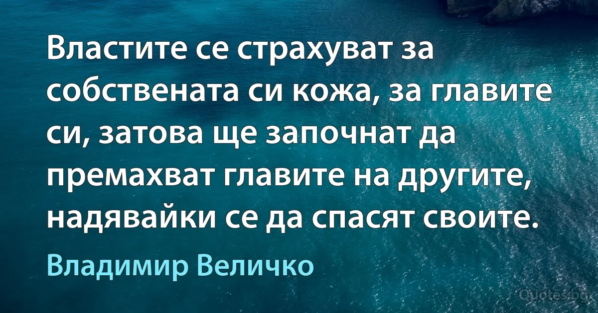 Властите се страхуват за собствената си кожа, за главите си, затова ще започнат да премахват главите на другите, надявайки се да спасят своите. (Владимир Величко)