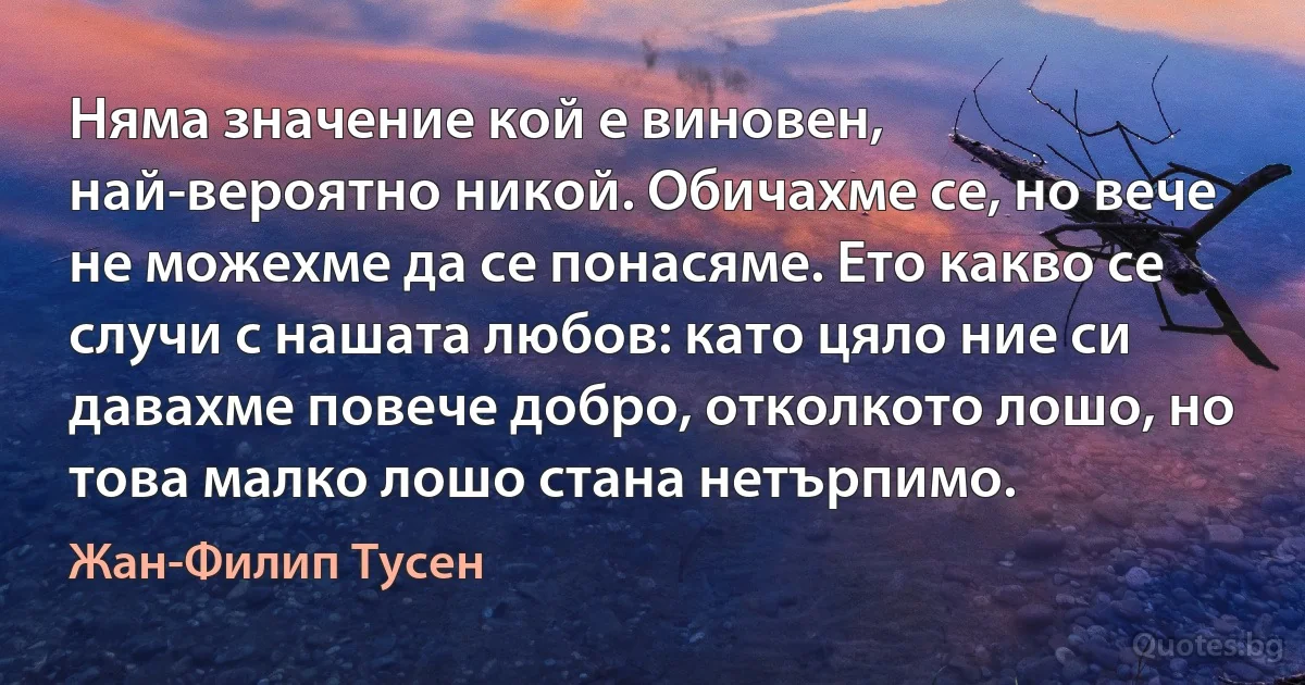 Няма значение кой е виновен, най-вероятно никой. Обичахме се, но вече не можехме да се понасяме. Ето какво се случи с нашата любов: като цяло ние си давахме повече добро, отколкото лошо, но това малко лошо стана нетърпимо. (Жан-Филип Тусен)